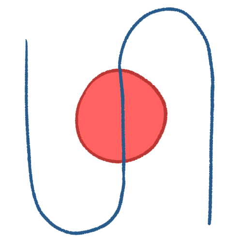 a drawing of a pink circle, with a large blue sideways S over top of it, with the middle of the S intersecting the centre of the circle.